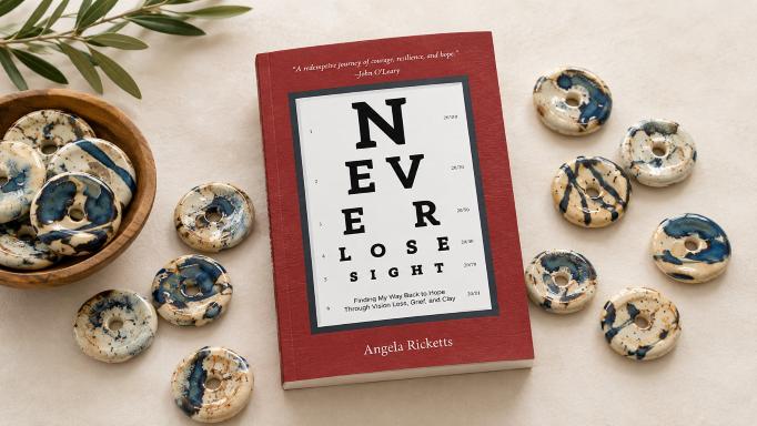 In the center of the image is the book 'Never Lose Sight' by Angela Ricketts.  The title is printed to resemble an eye chart.  Surrounding the book are a variety of sight stones, each of which is a combination of beige and medium blue. Everything is on a table covered by a lighter beige cloth.